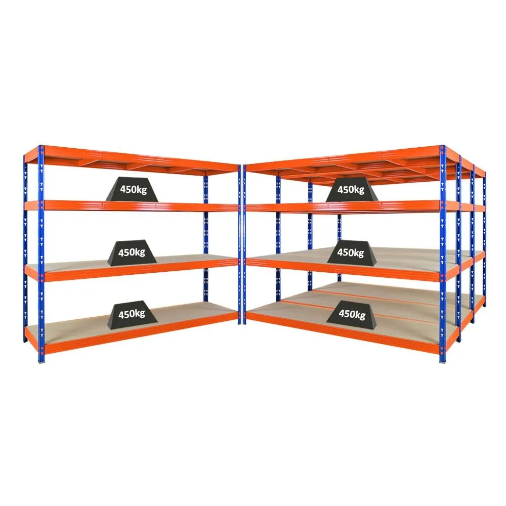 Mega Deal | 4x Profi Schwerlastregal Rhino | HxBxT 180x240x60cm | 4 Spanplatten-Ebenen 8mm | Fachlast 450kg | Blau/Orange