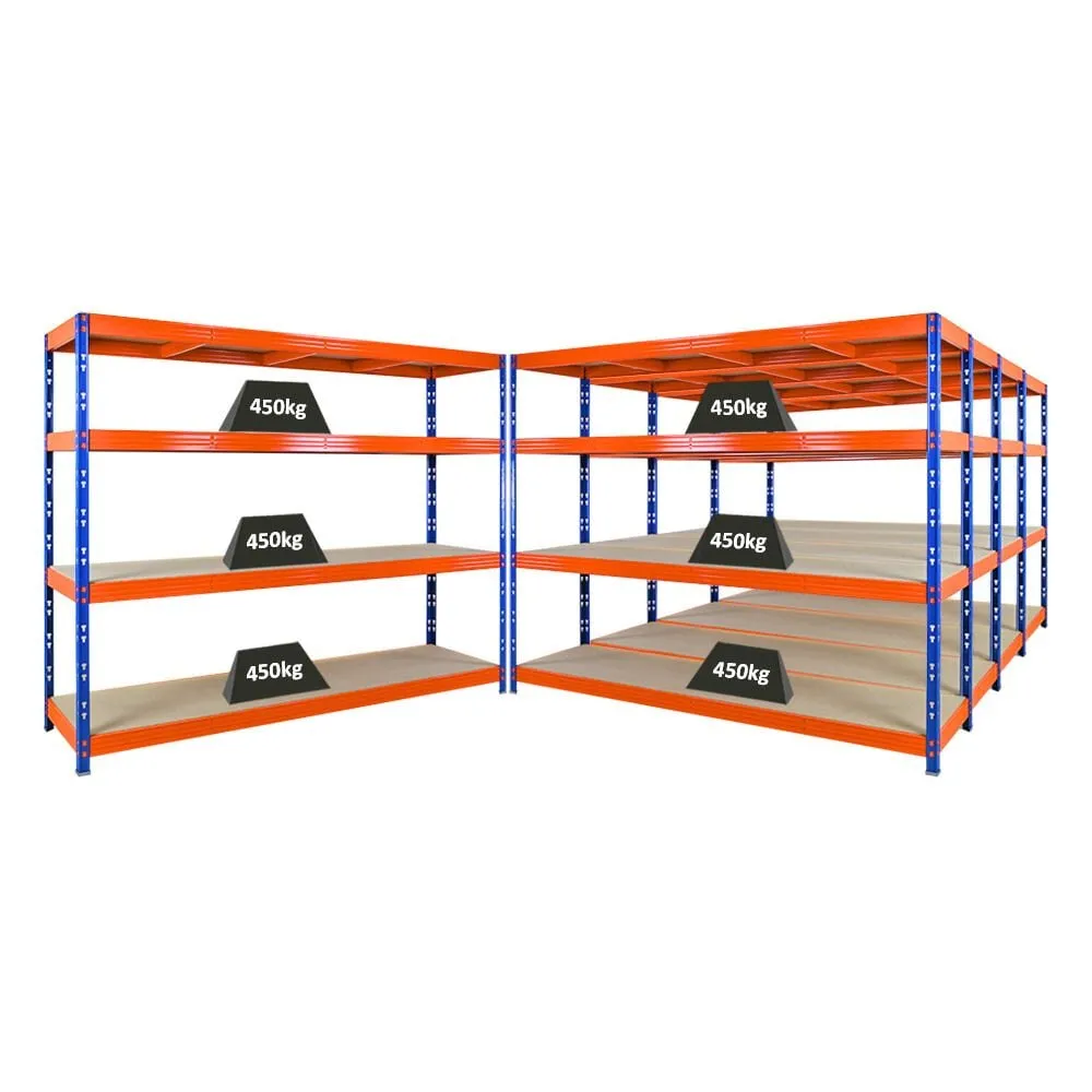 Mega Deal | 5x Profi Schwerlastregal Rhino | HxBxT 180x240x60cm | 4 Spanplatten-Ebenen 8mm | Fachlast 450kg | Blau/Orange