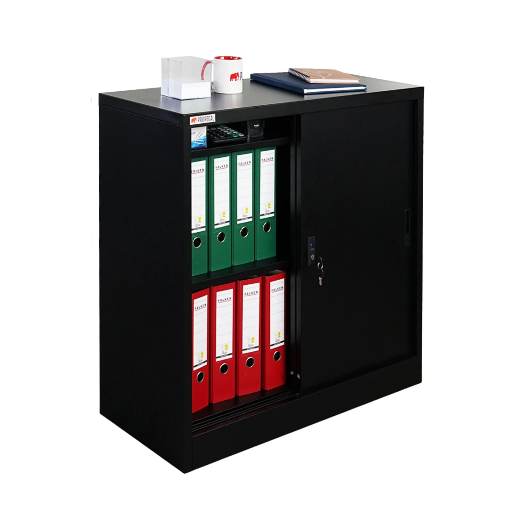 Aktenschrank ELEPHANT mit abschließbaren Schiebetüren | HxBxT 90x90x40cm | 3 Ebenen | Stahl mit Pulverbeschichtung | Schwarz | Mehrzweckschrank Büroschrank Aufbewahrungsschrank