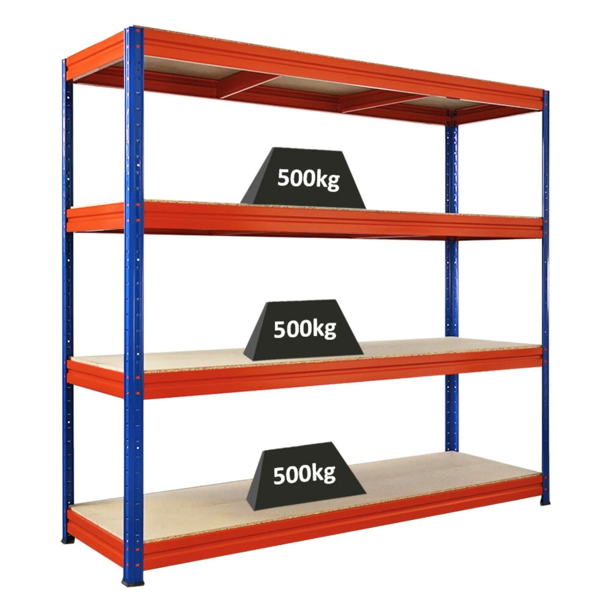 Schwerlastregal DINO | HxBxT 180x200x60cm | 4 Spanplatten-Ebenen 16mm | Fachlast 500kg | Blau/Orange