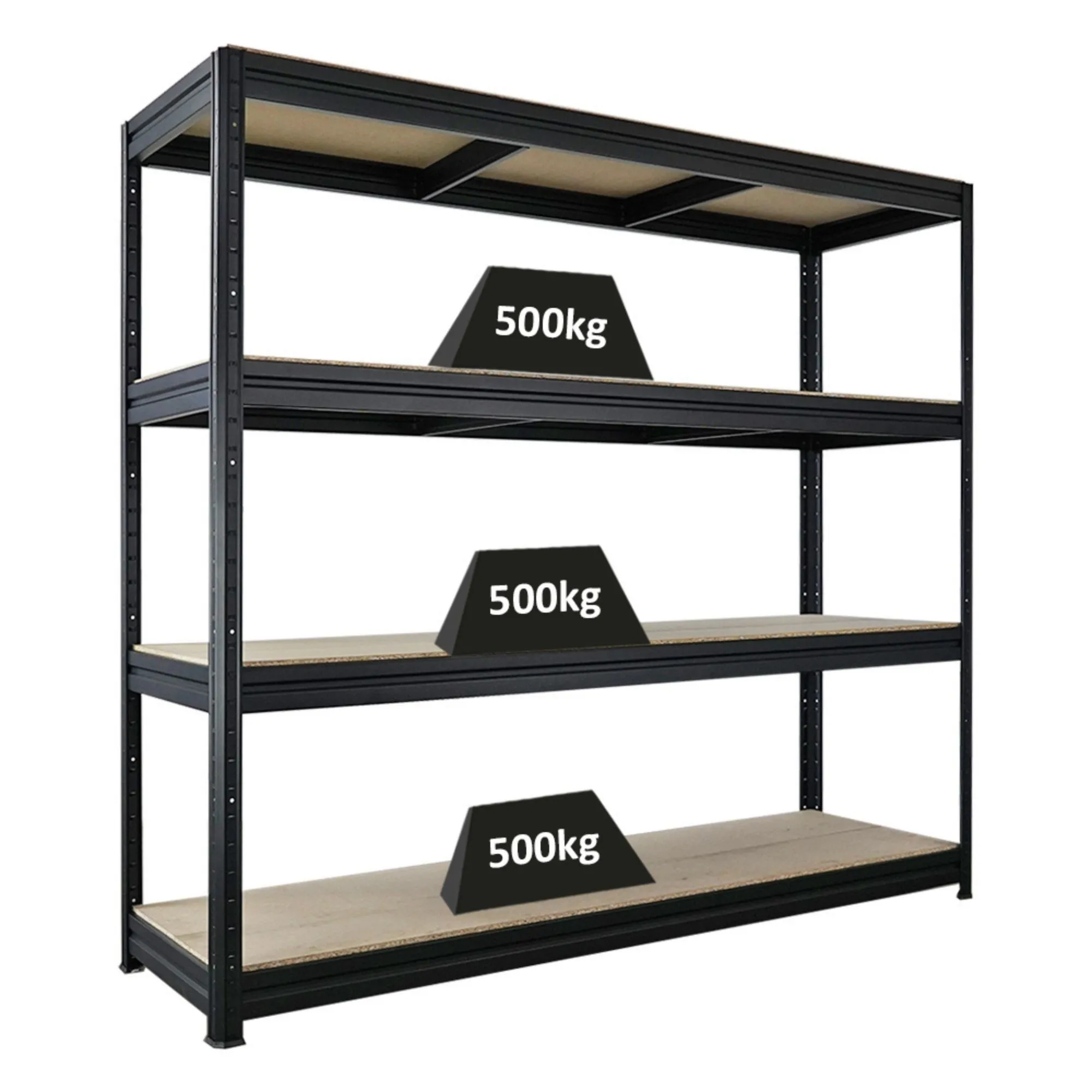 Schwerlastregal DINO | HxBxT 180x200x60cm | 4 Spanplatten-Ebenen 16mm | Fachlast 500kg | Schwarz