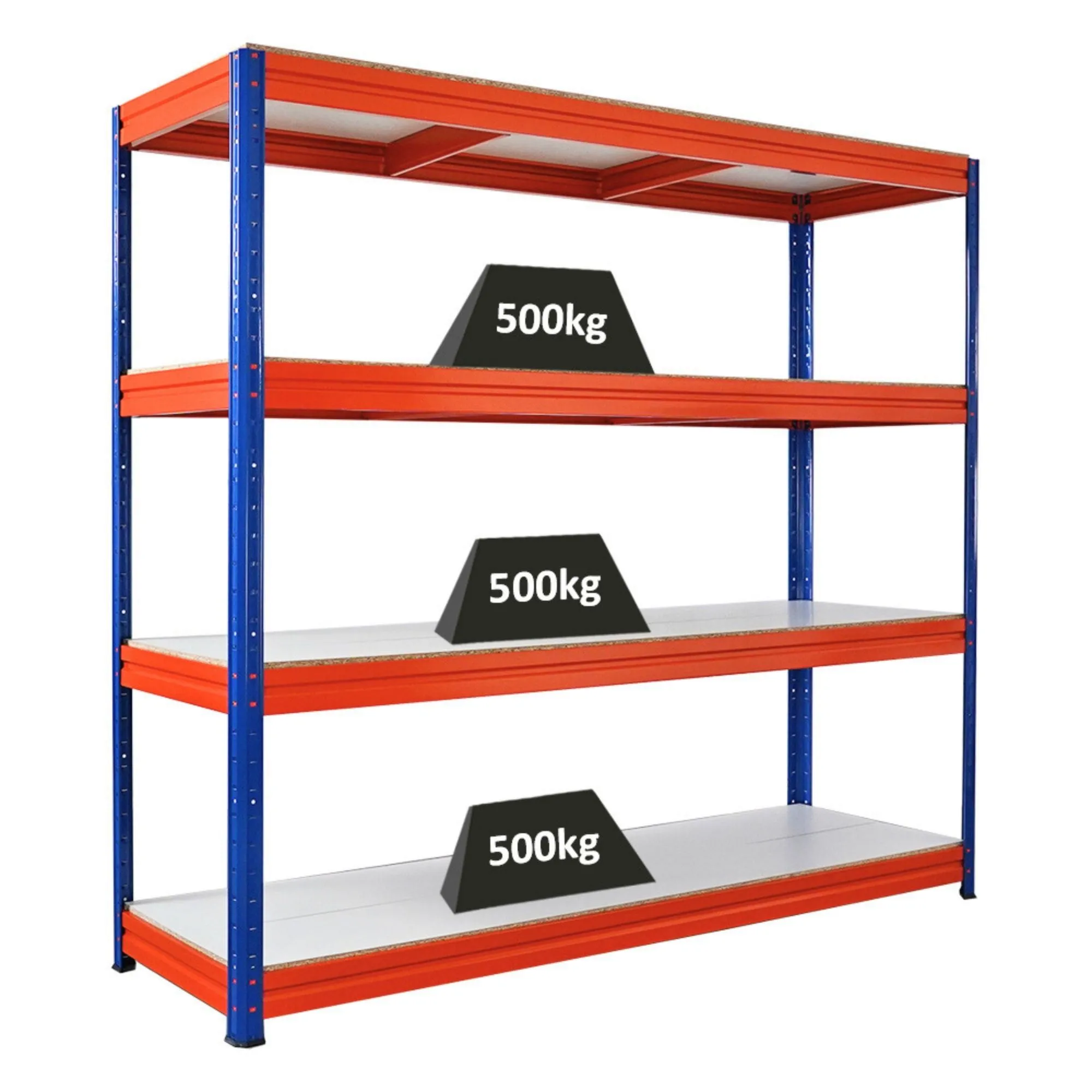 Schwerlastregal DINO | HxBxT 180x200x60cm | 4 Melamin-Ebenen 16mm | Fachlast 500kg | Blau/Orange