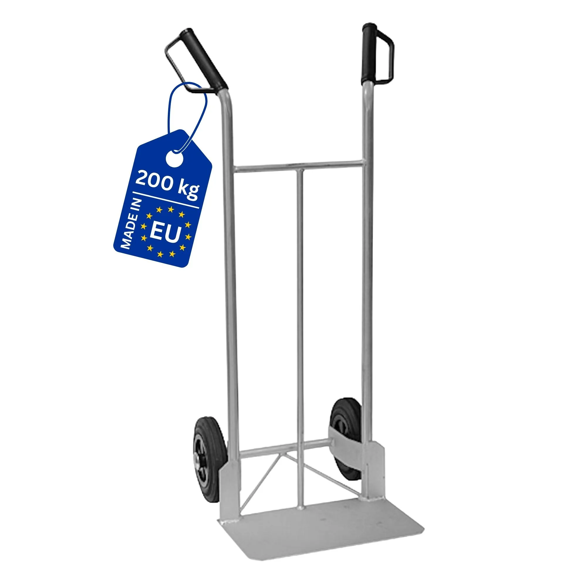 Verzinkte Sackkarre mit ergonomischen Sicherheitsgriffen, Standardschaufel & pannensichere Vollgummibereifung | Traglast 200kg | Grau