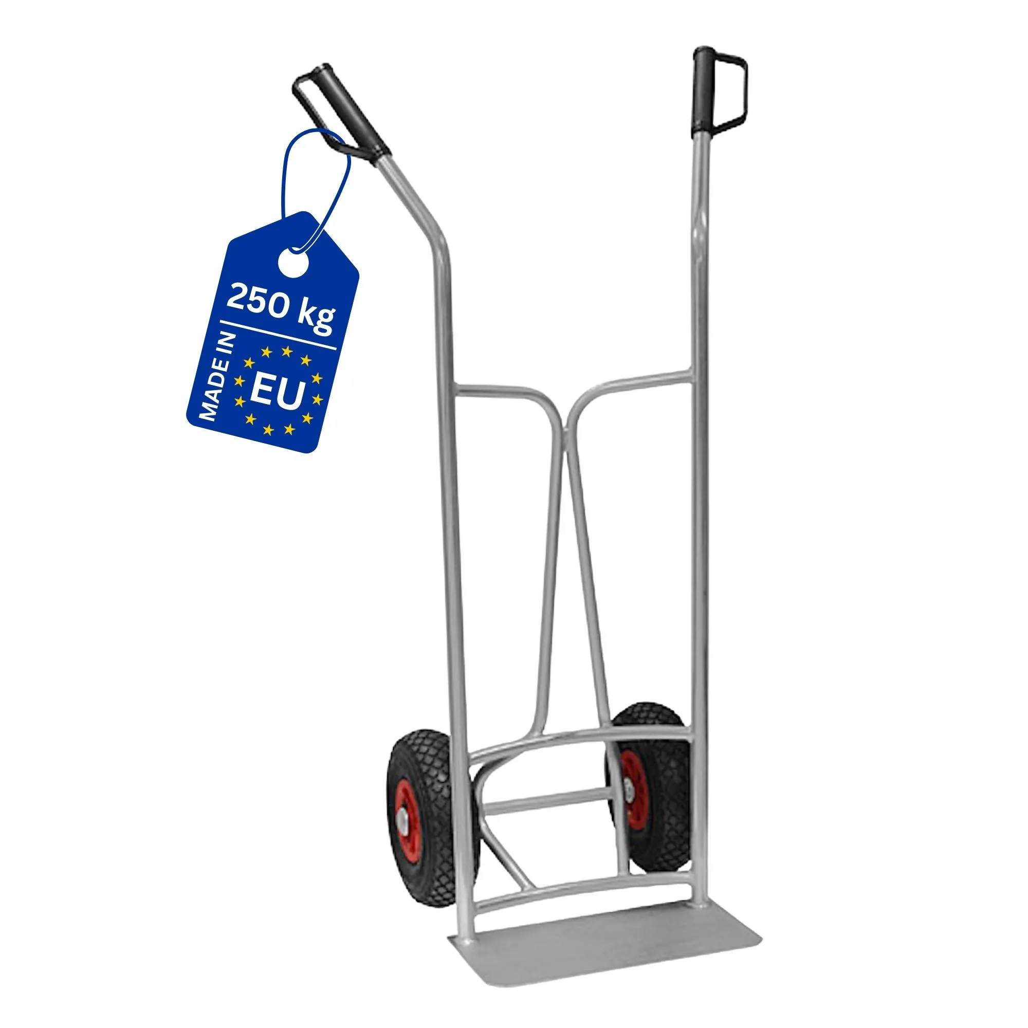 Verzinkte Sackkarre mit ergonomischen Sicherheitsgriffen, Standardschaufel & Luftbereifung | Traglast 250kg | Grau