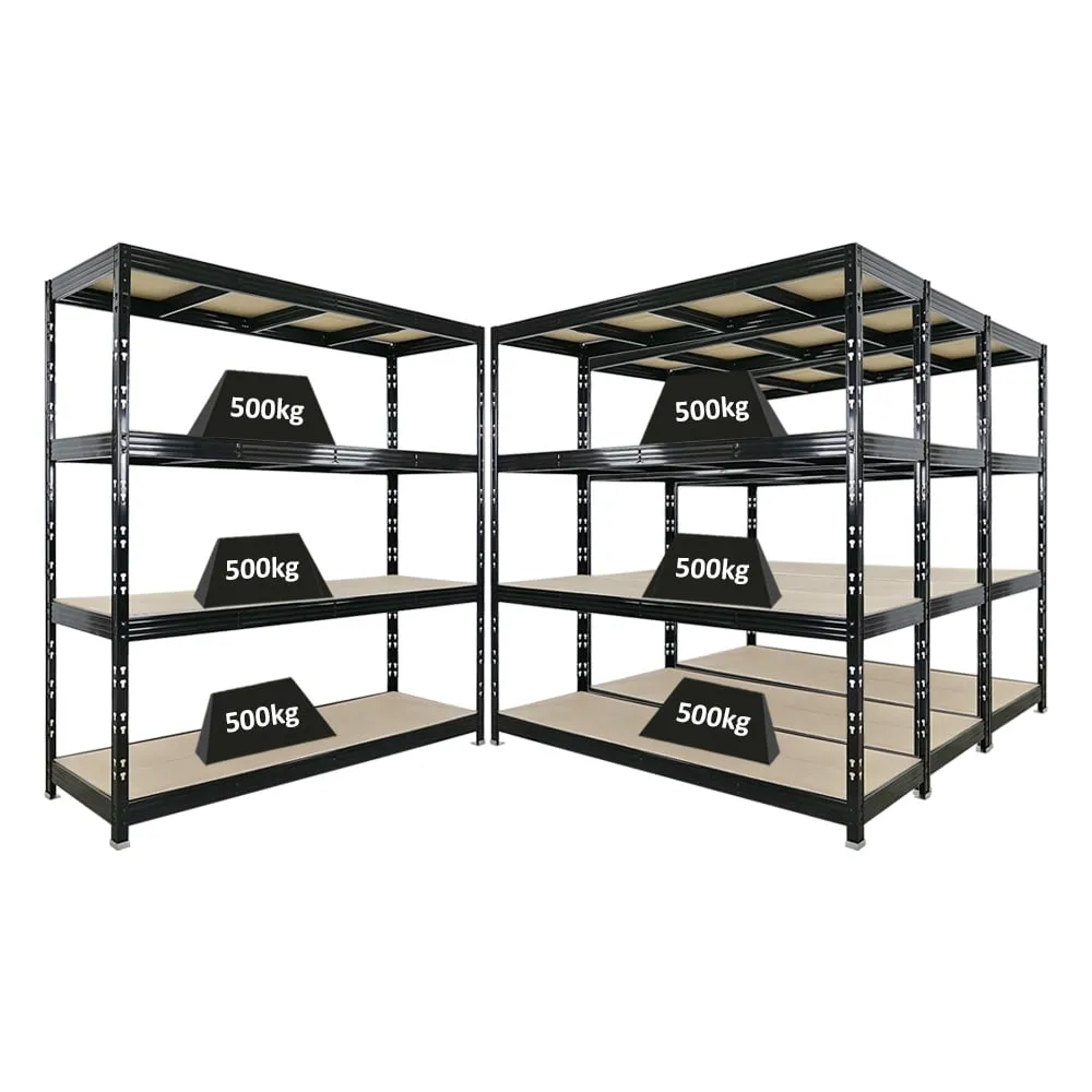 Mega Deal | 4x Profi Schwerlastregal Rhino | HxBxT 200x200x60cm | 4 Spanplatten-Ebenen 8mm | Fachlast 500kg | Schwarz