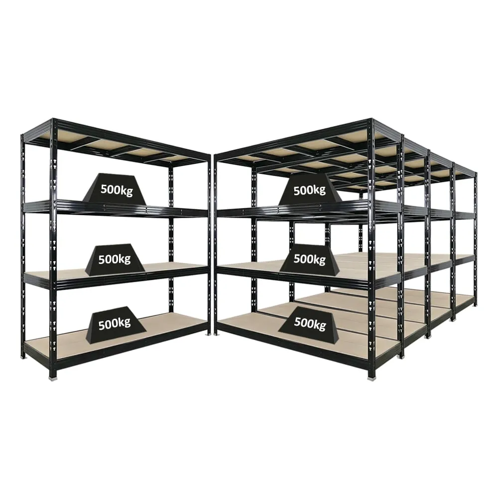Mega Deal | 5x Profi Schwerlastregal Rhino | HxBxT 200x200x60cm | 4 Spanplatten-Ebenen 8mm | Fachlast 500kg | Schwarz