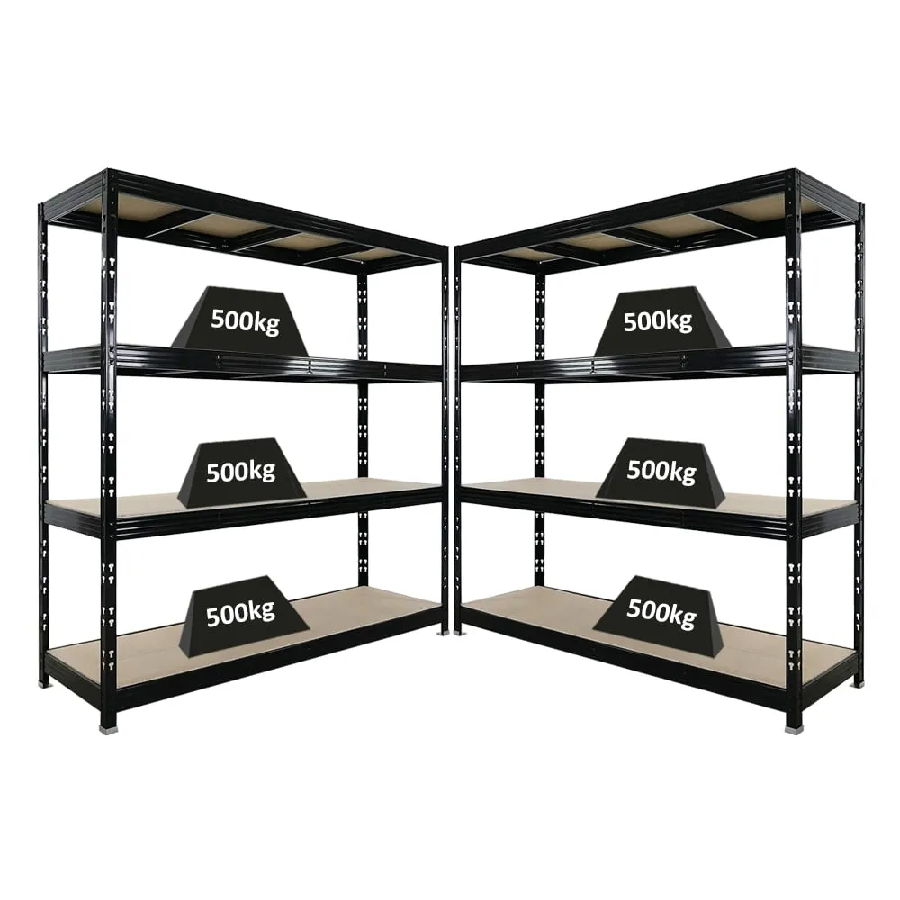 Mega Deal | 2x Profi Schwerlastregal Rhino | HxBxT 200x200x60cm | 4 Spanplatten-Ebenen 16mm | Fachlast 500kg | Schwarz