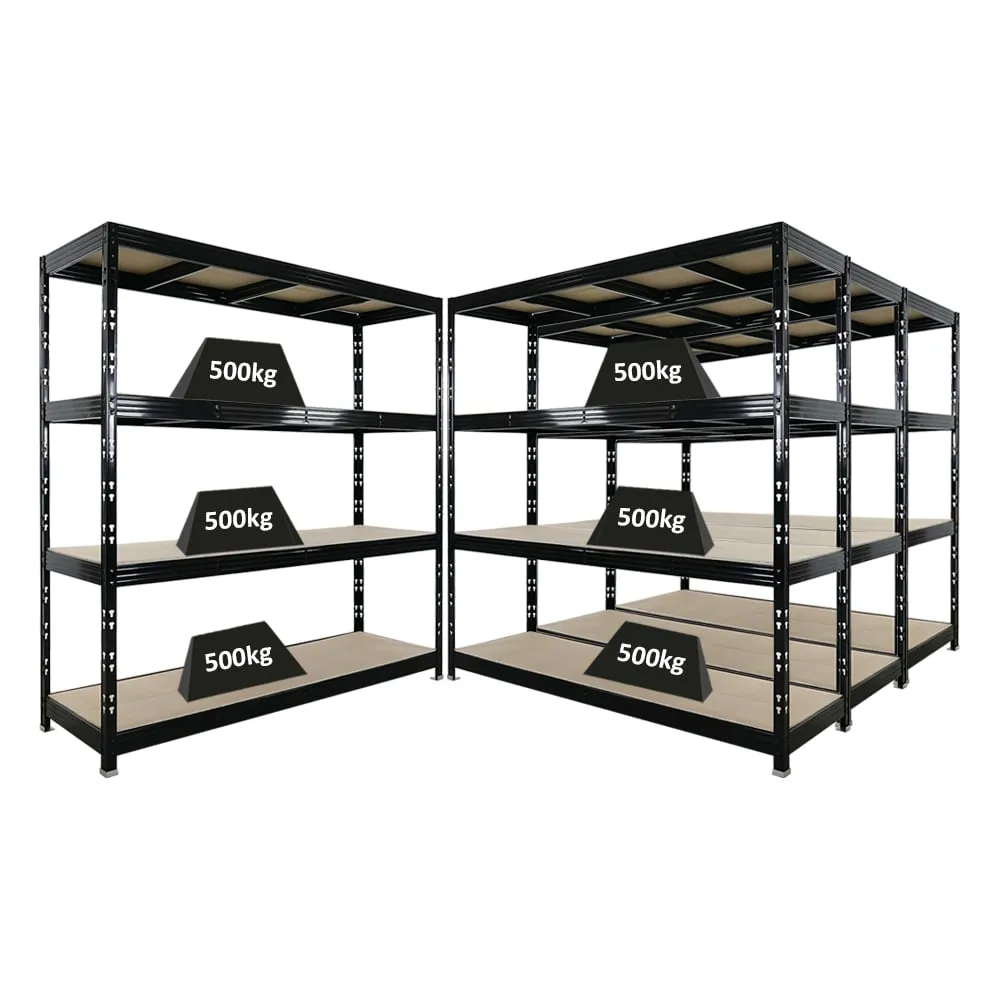 Mega Deal | 4x Profi Schwerlastregal Rhino | HxBxT 200x200x60cm | 4 Spanplatten-Ebenen 16mm | Fachlast 500kg | Schwarz