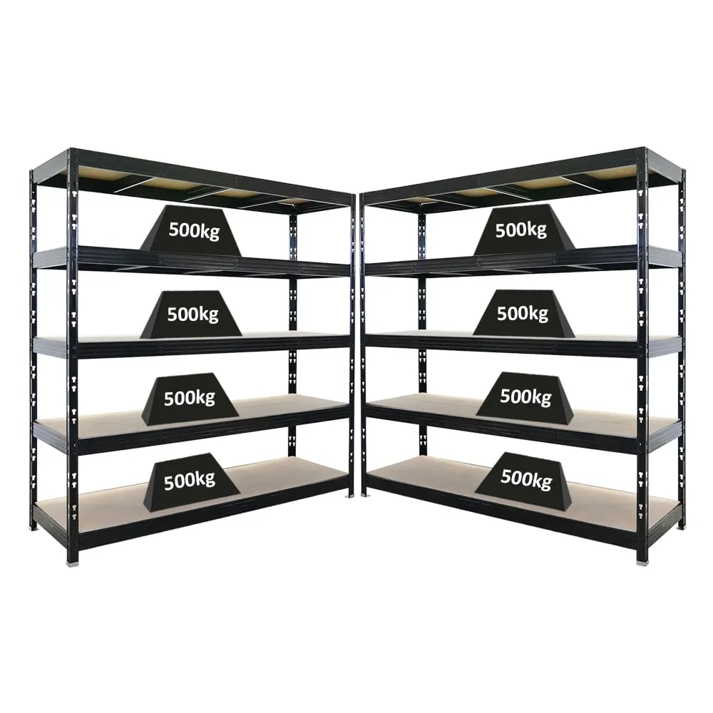 Mega Deal | 2x Profi Schwerlastregal Rhino | HxBxT 200x200x60cm | 5 Spanplatten-Ebenen 8mm | Fachlast 500kg | Schwarz