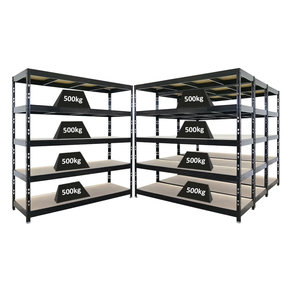 Mega Deal | 4x Profi Schwerlastregal Rhino | HxBxT 200x200x60cm | 5 Spanplatten-Ebenen 8mm | Fachlast 500kg | Schwarz