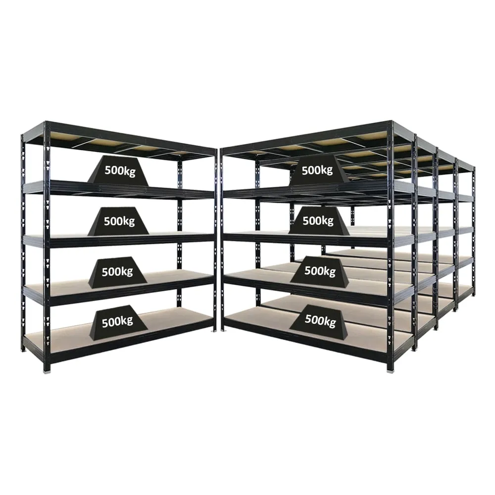Mega Deal | 5x Profi Schwerlastregal Rhino | HxBxT 200x200x60cm | 5 Spanplatten-Ebenen 8mm | Fachlast 500kg | Schwarz