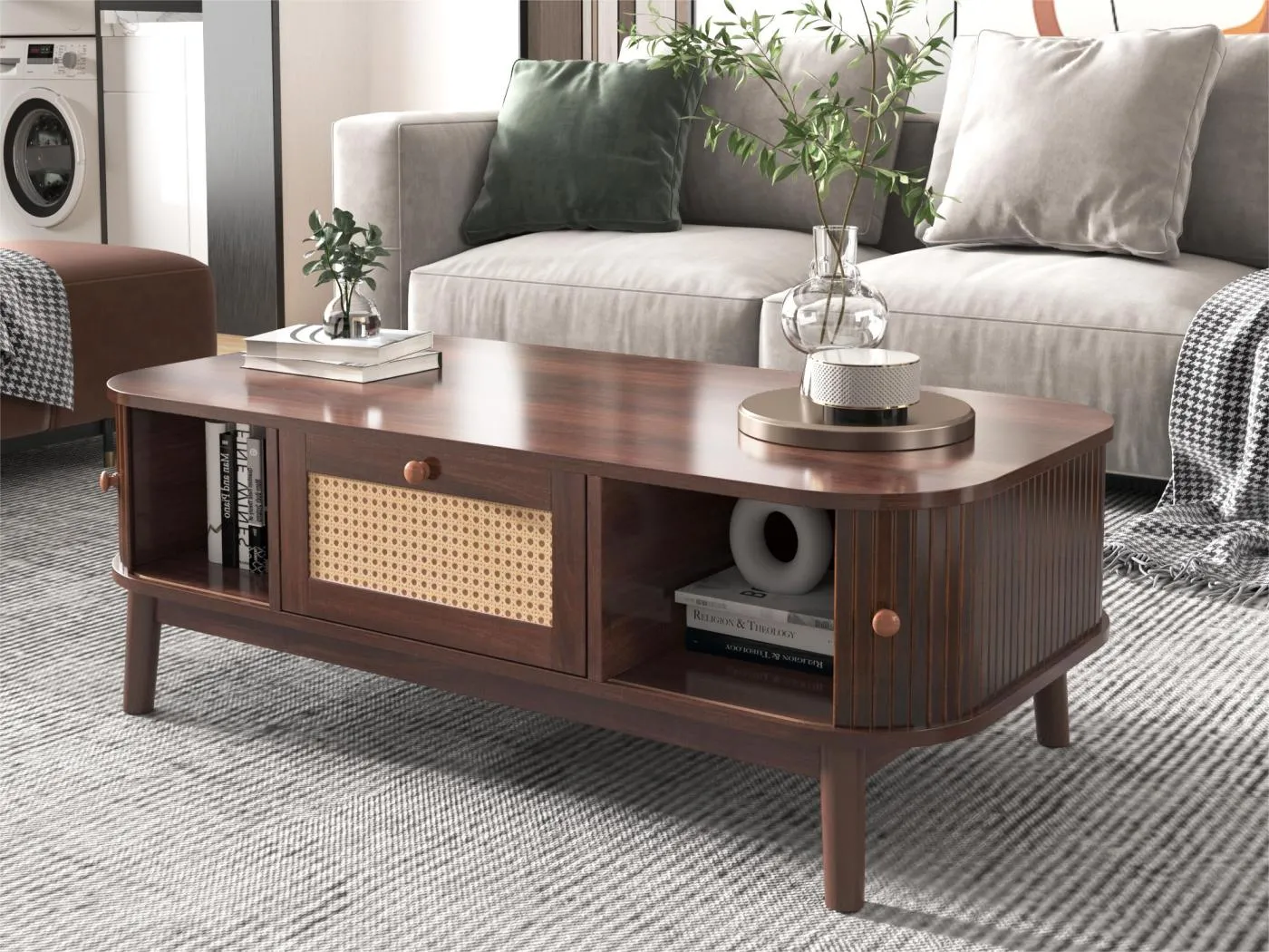 Wohnzimmer-Couchtisch – dekoriert mit Rattan und Massivholz – Landhausstil – braun