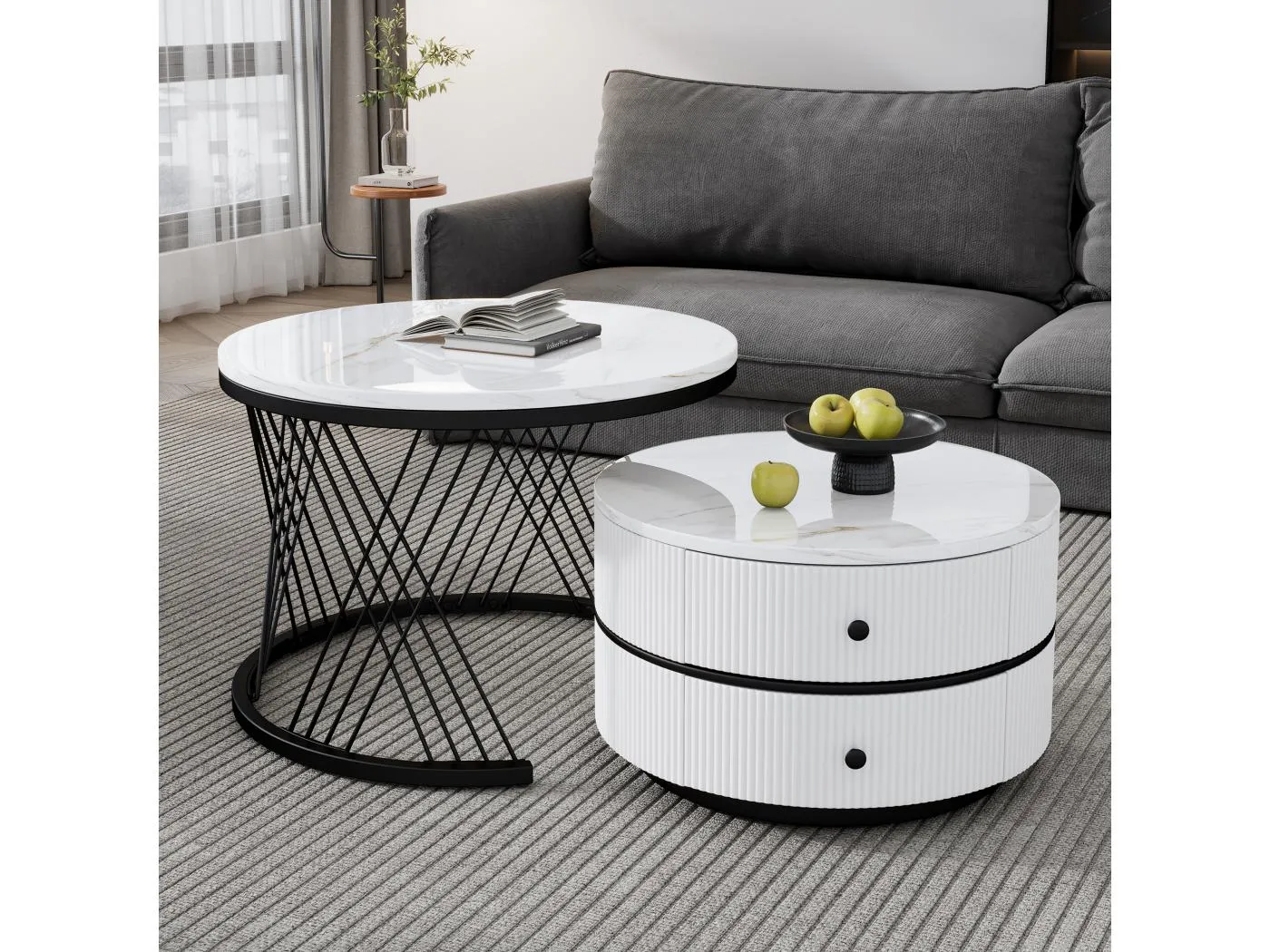 Set aus 2 runden, ineinander steckbaren Couchtischen mit 2 Schubladen – 60 x 60 x 46 cm + 50 x 50 x 30,8 cm – Marmormuster – MDF-Holz und Metall – Weiß + Schwarz
