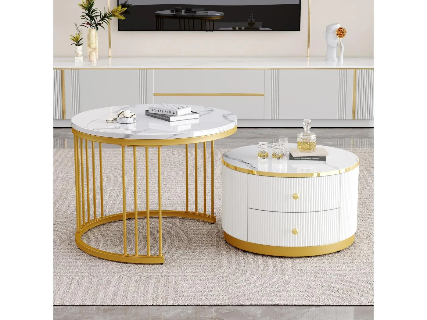 Set aus 2 zusammensetzbaren Couchtischen mit 2 Schubladen – 60 x 60 x 45,5 cm + 50 x 50 x 32 cm – glänzender Marmor-Look – MDF – Gold und Weiß