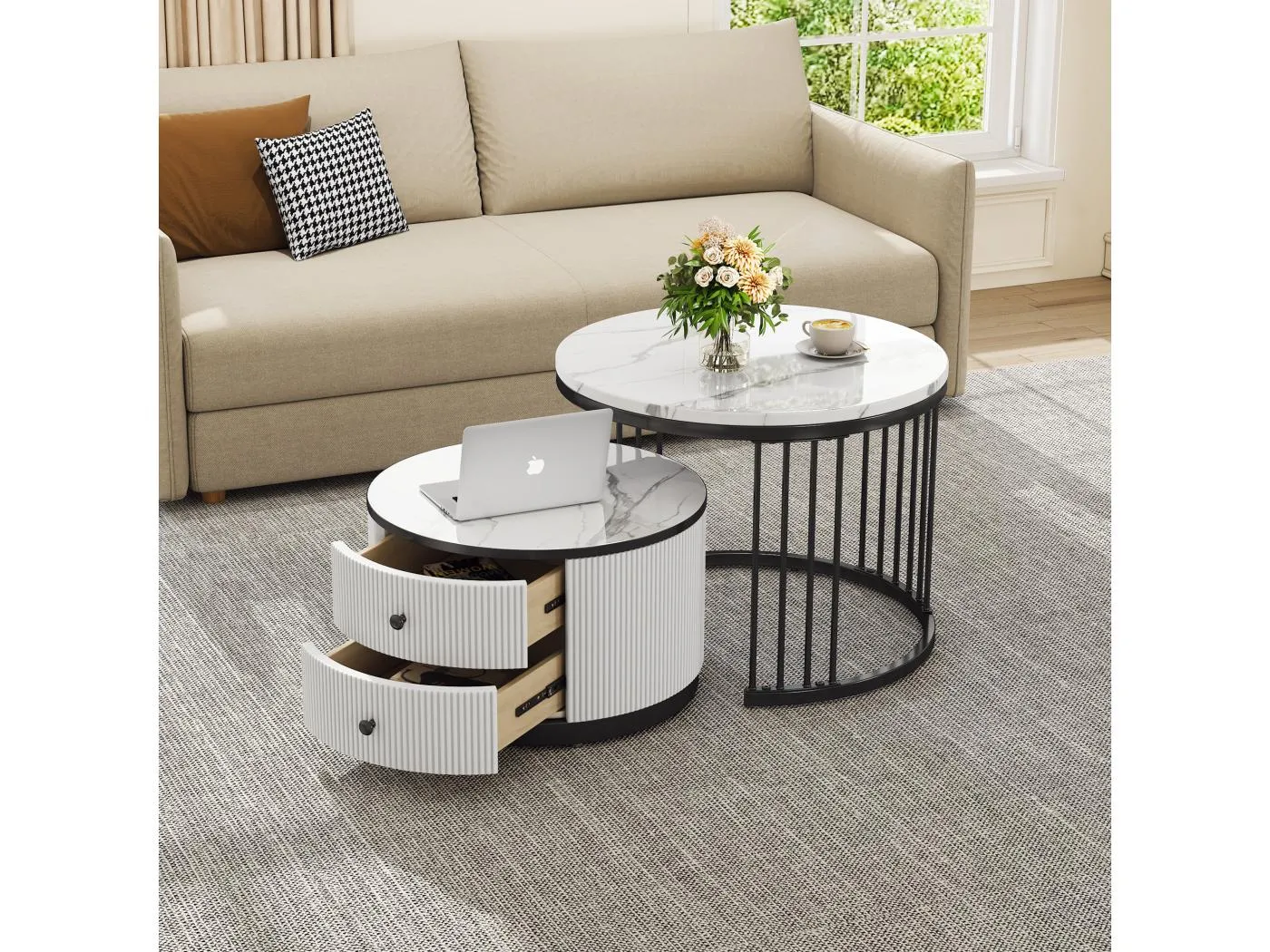 Set aus 2 zusammensetzbaren Couchtischen mit 2 Schubladen – 60 x 60 x 45,5 cm + 50 x 50 x 32 cm – glänzender Marmor-Look – MDF – Schwarz und Weiß