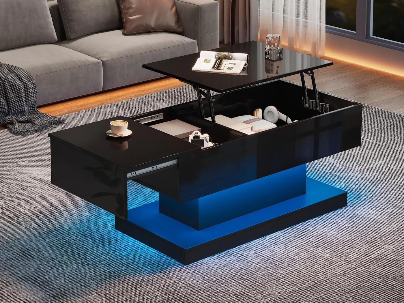 Anhebbarer Couchtisch mit LED – mit Stauraum und halb anhebbarer Platte – Schwarz