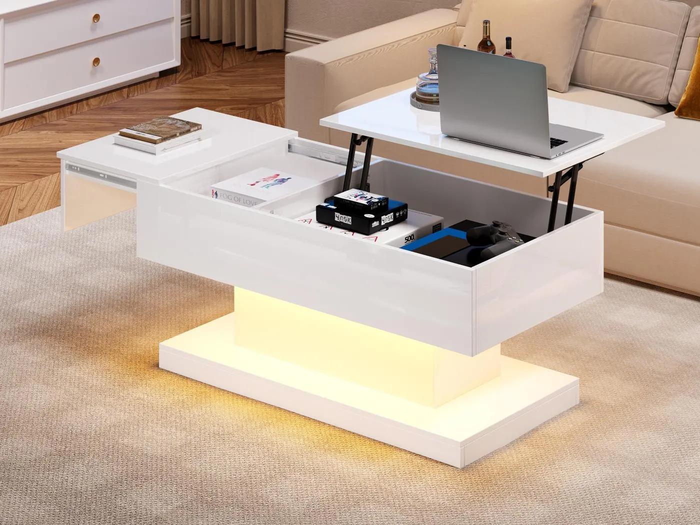Anhebbarer Couchtisch mit LED – mit Stauraum und halb anhebbarer Platte – Weiß