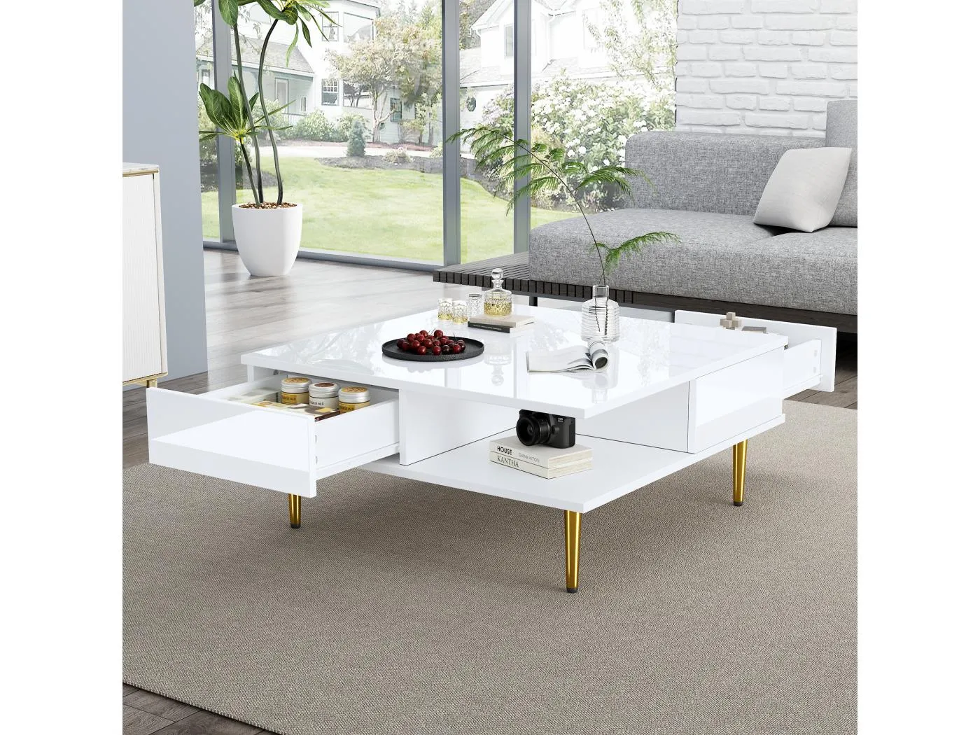 Quadratischer Couchtisch mit 2 Schubladen und 2 offenen Fächern – 70 x 70 x 36 cm – goldene Beine – glänzendes Weiß