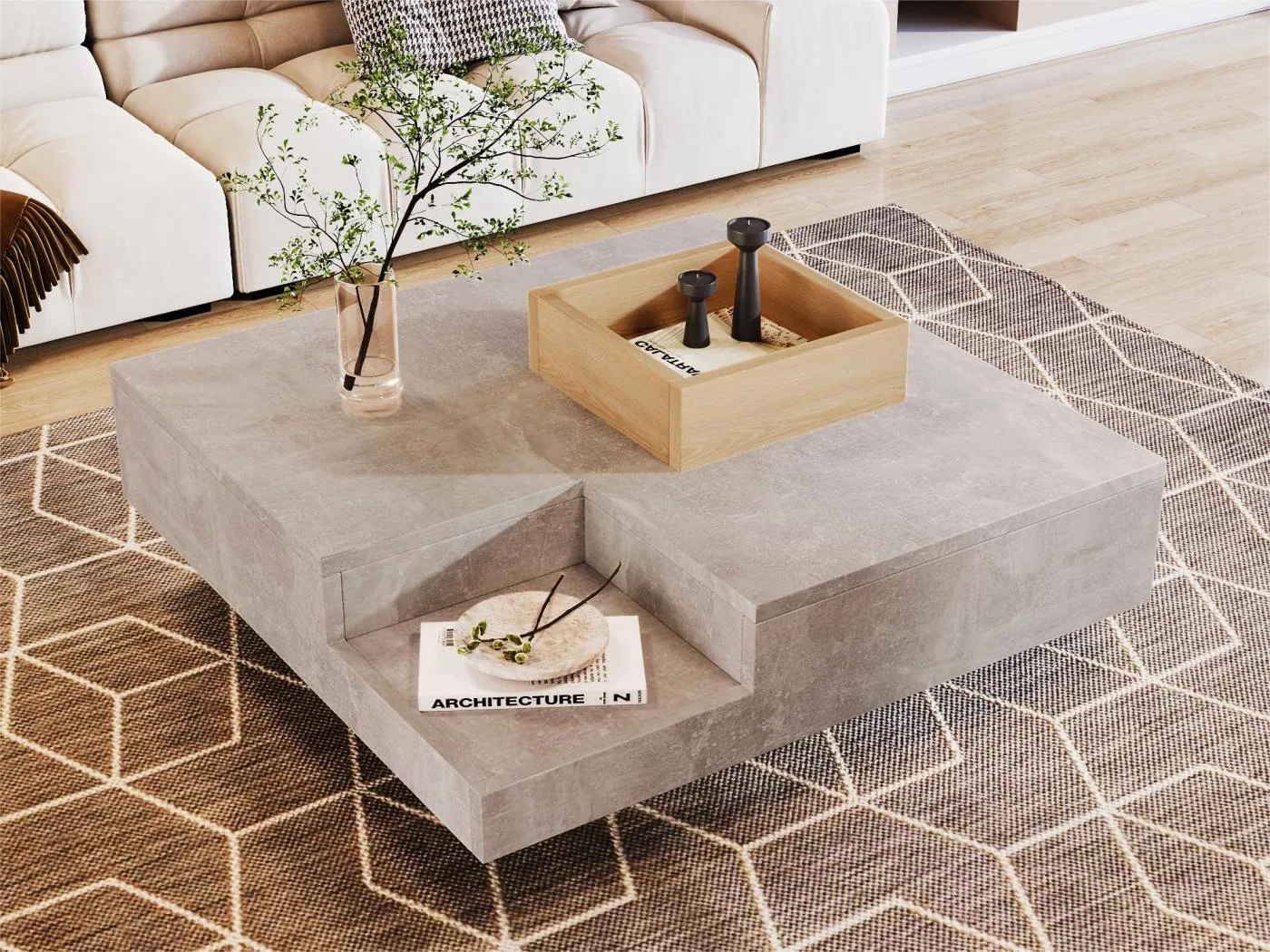 Quadratischer Couchtisch mit abnehmbarer Aufbewahrungsbox – Hellgrau