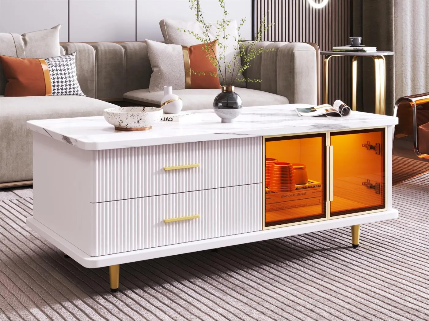 Skandinavischer Couchtisch – 2 Schubladen und 2 Türen – integrierte LED – Furnier mit Marmormuster – Weiß