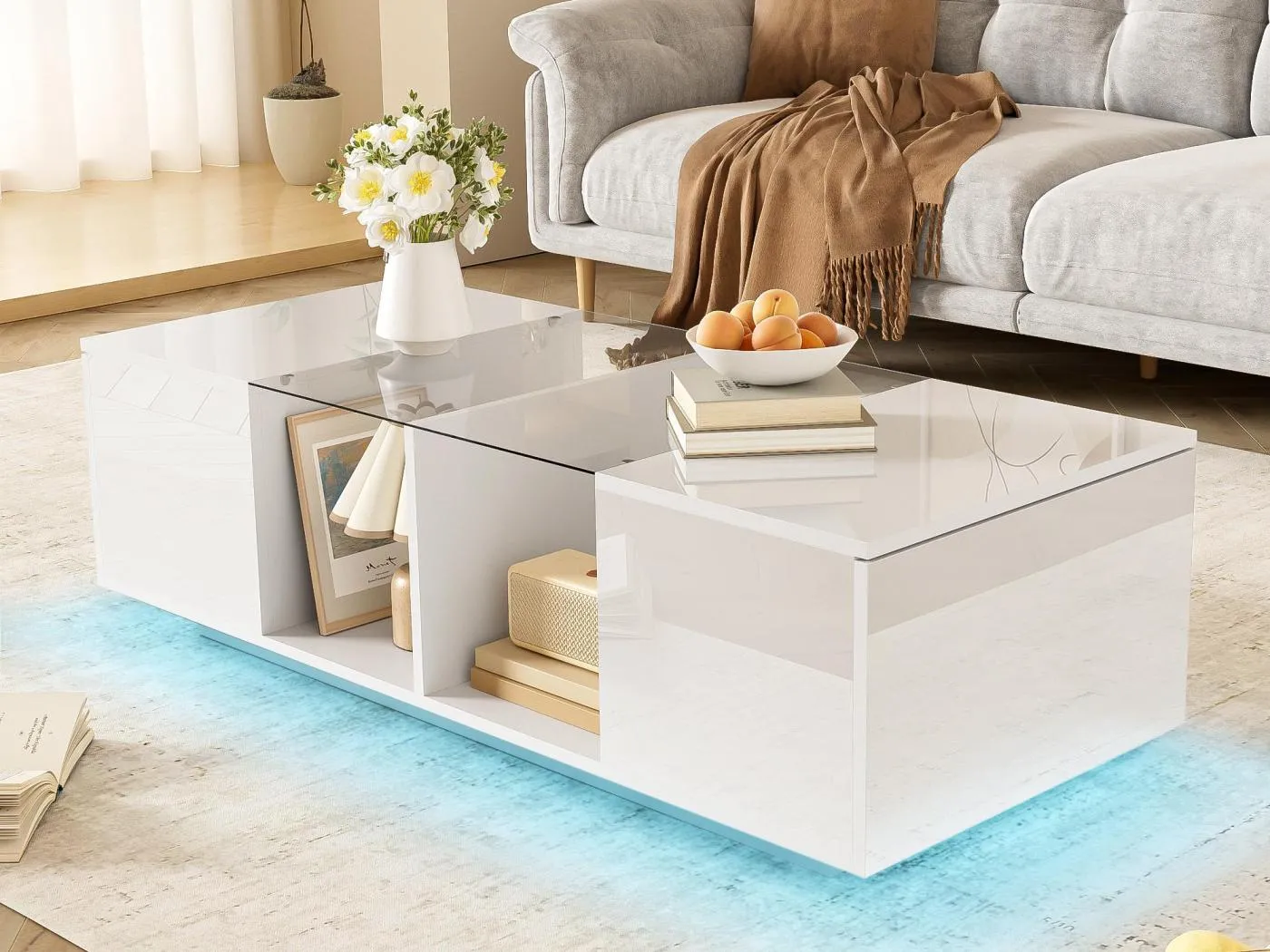 Couchtisch mit mehrfarbiger LED - 2 Klapptüren und Glasablage - Weiß