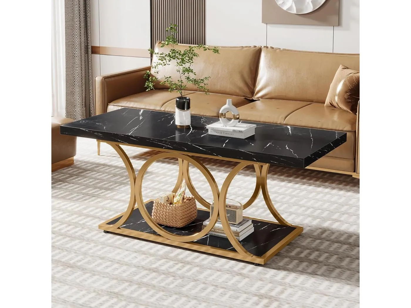 Rechteckiger Couchtisch, 120 cm moderner Couchtisch für das Wohnzimmer, 2-stufiger Couchtisch aus Kunstmarmorholz mit geometrischen Metallbeinen, Möbel mit Ablagefläche (Schwarz und Gold)