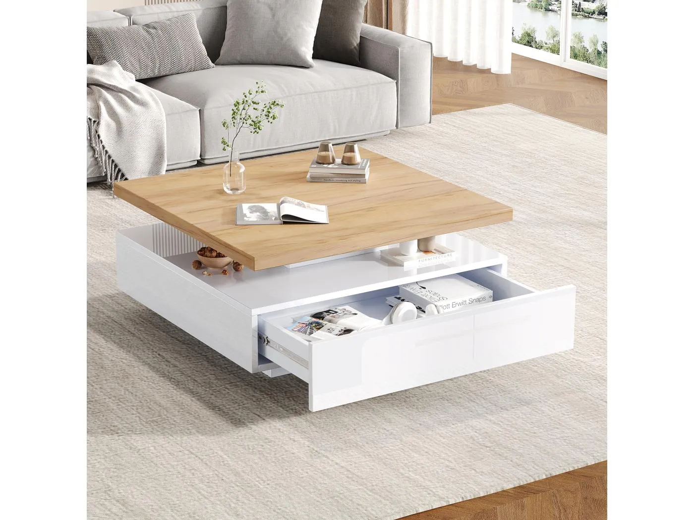 Quadratischer Couchtisch mit 1 Schublade und 360° drehbarer Platte - 70 x 70 x 36 cm - Spanplatte - Weiß und Walnuss