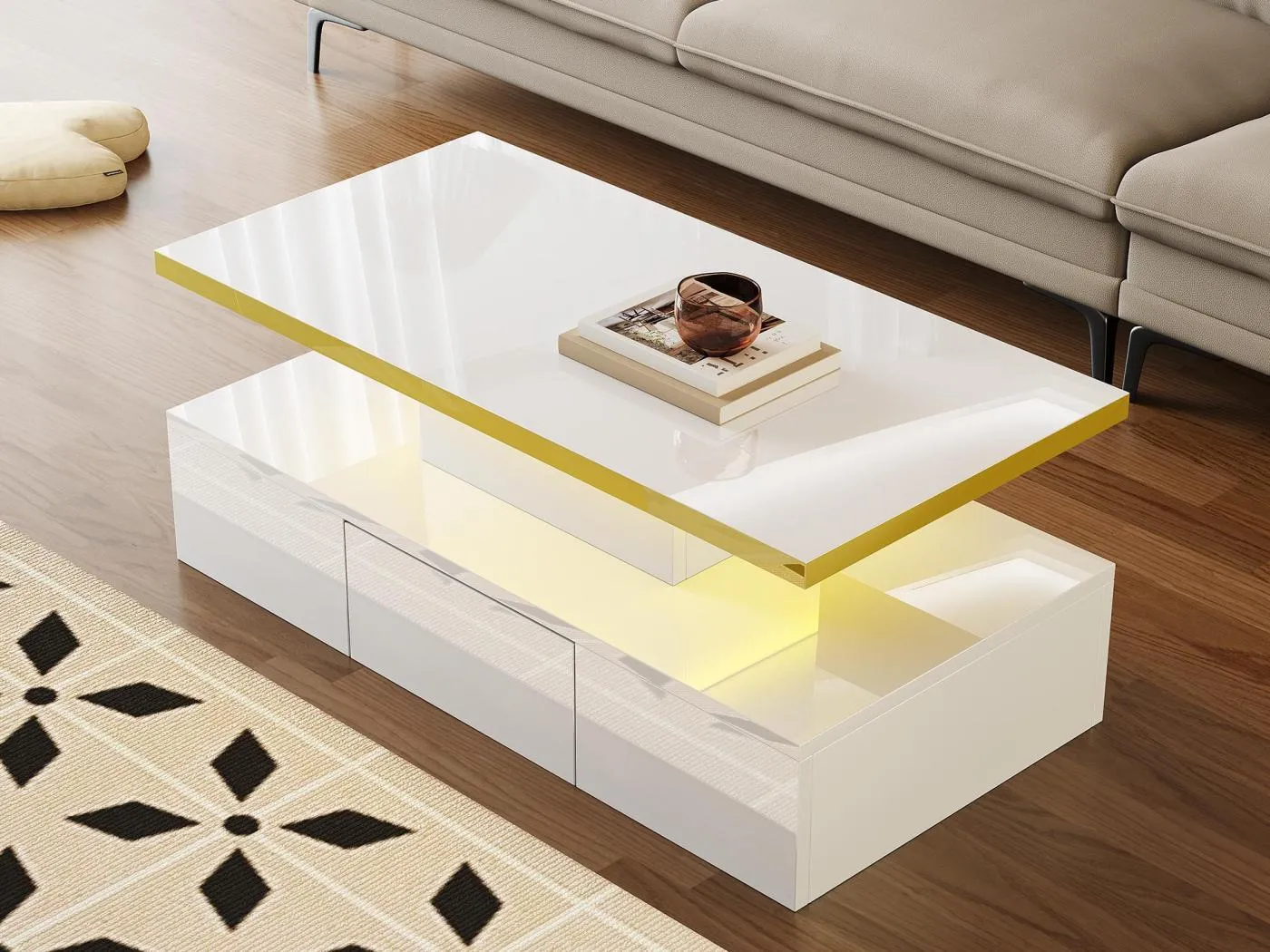 Aufbewahrungs-Couchtisch mit LED – glänzende Optik – Weiß