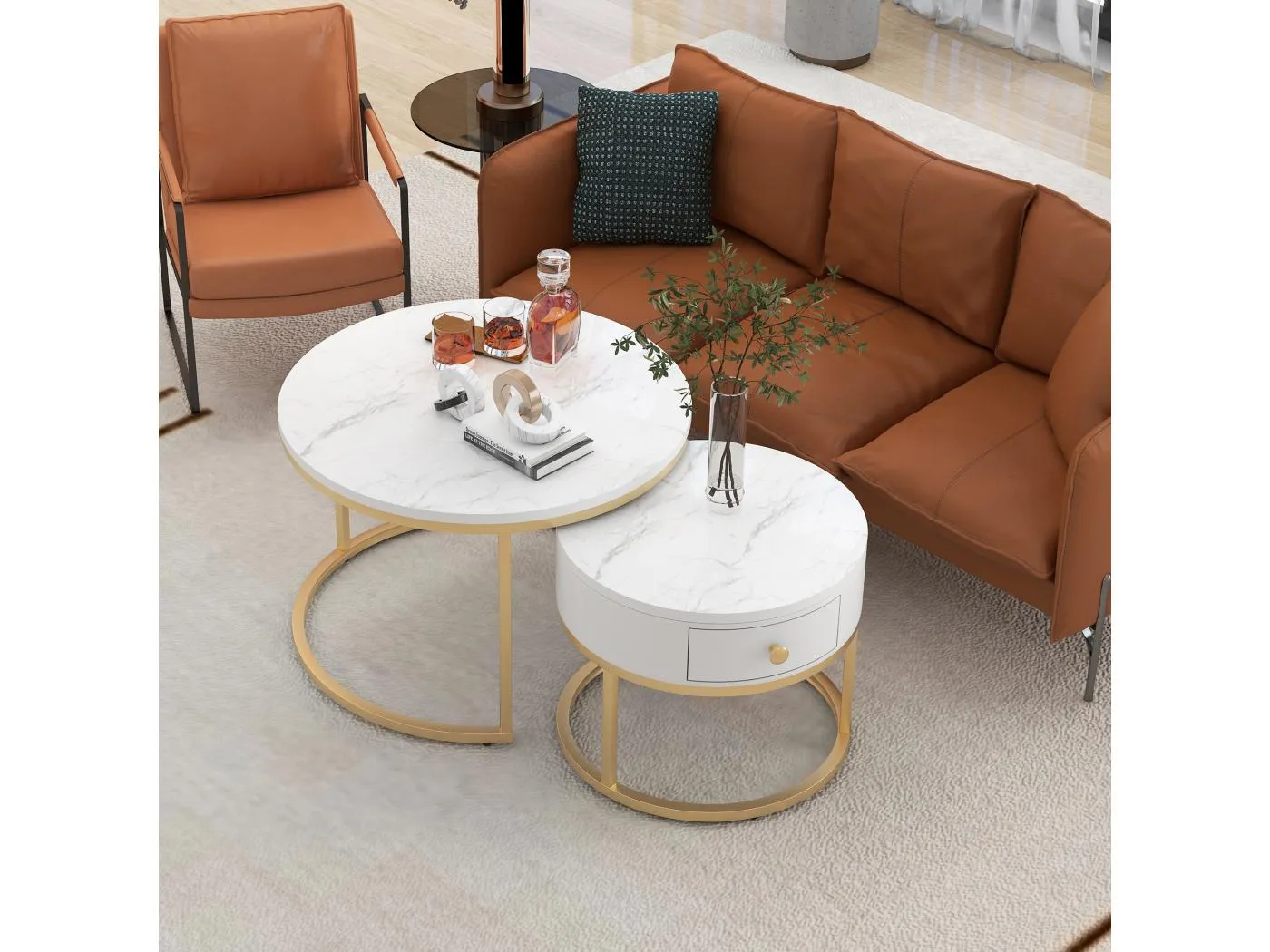 2er-Set Couchtische – Runder Couchtisch mit 1 Schublade – Goldrahmen – Weiße Marmor-Platte