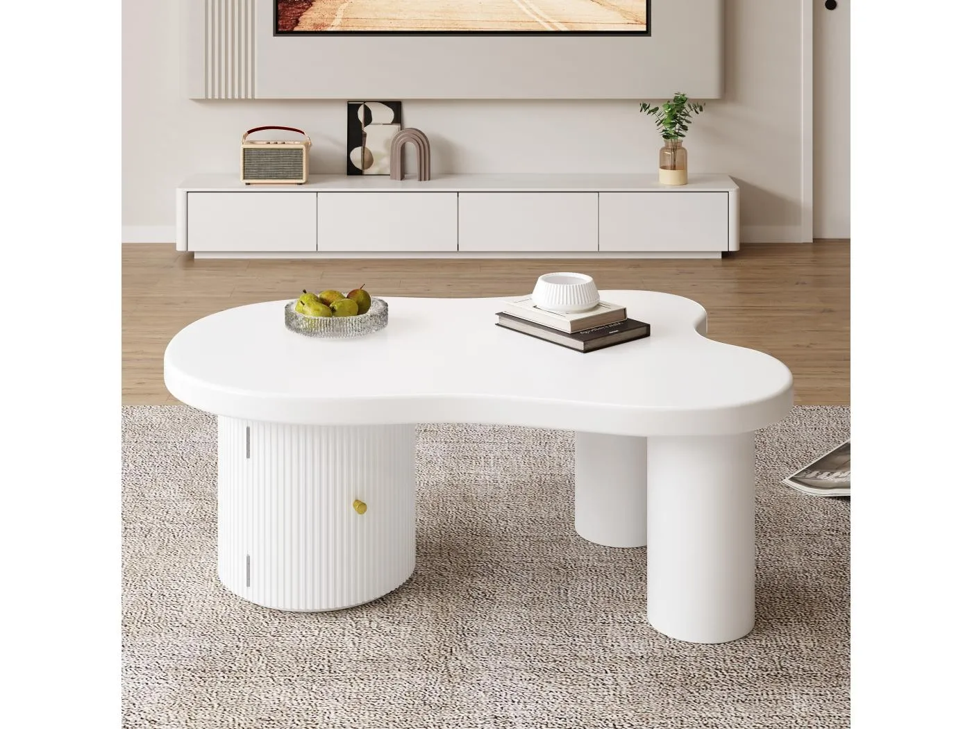 Weißer Couchtisch - Couchtisch mit 1 Tür und zylindrischen Beinen - wolkenförmiges design - für wohnzimmer und büros