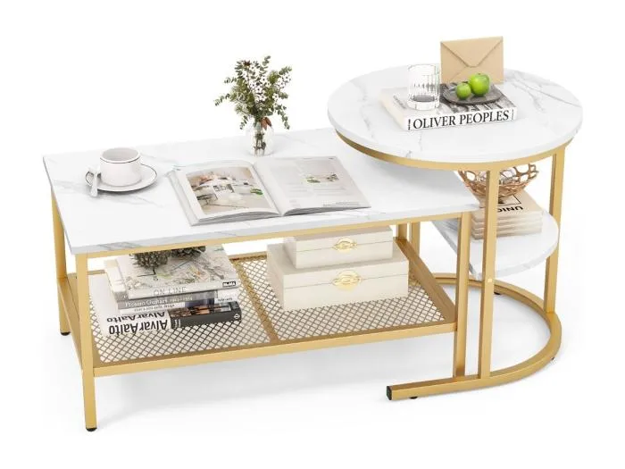 2er Set Couchtisch Beistelltisch Marmor Optik mit Metallrahmen & Ablage Gold und Weiß