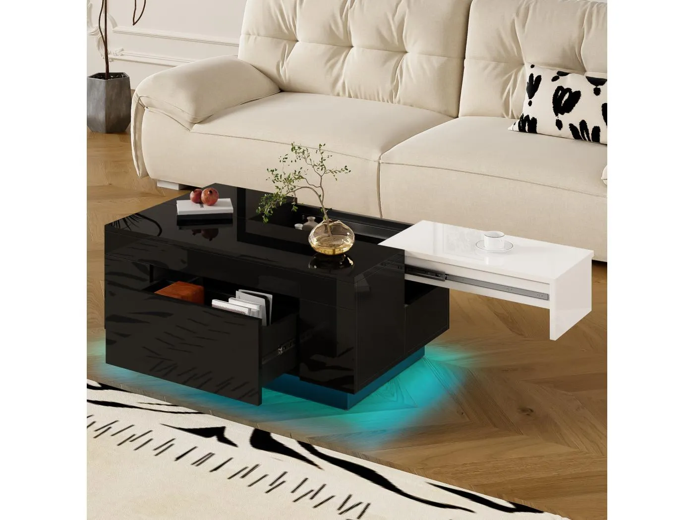 Schwarzer Couchtisch mit ausziehbarer weißer Platte und einer Schublade – LED-Beleuchtung