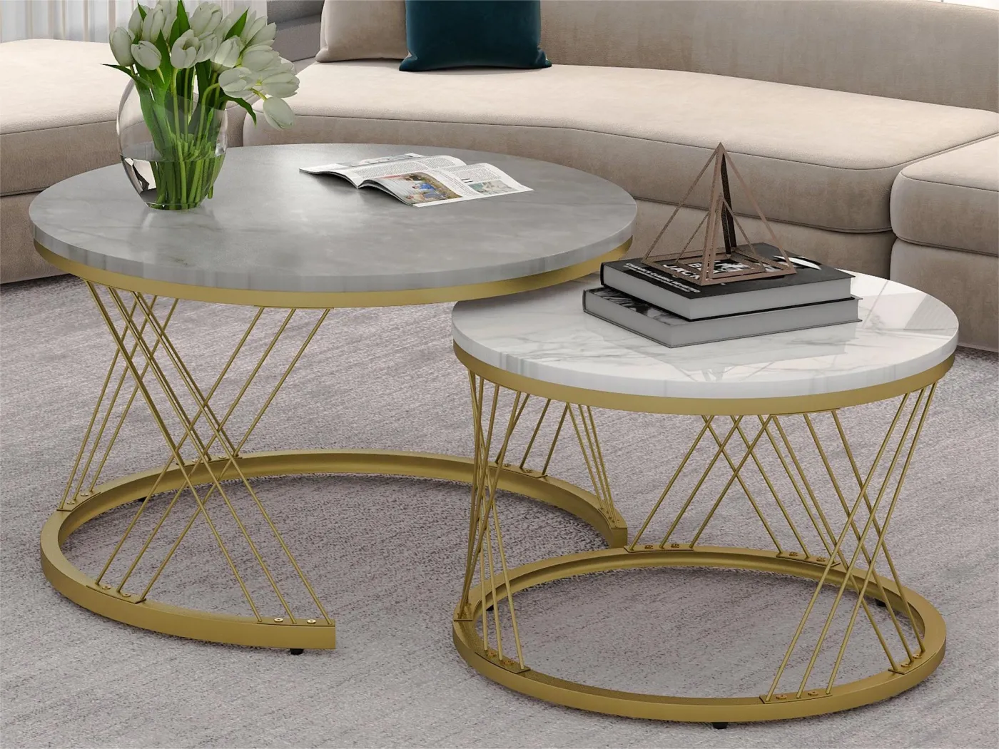 Stapelbare Couchtische aus Holz – Furnier mit weißem Marmormuster und goldenem Metall – MDF – für Wohnzimmer – Grau und Weiß