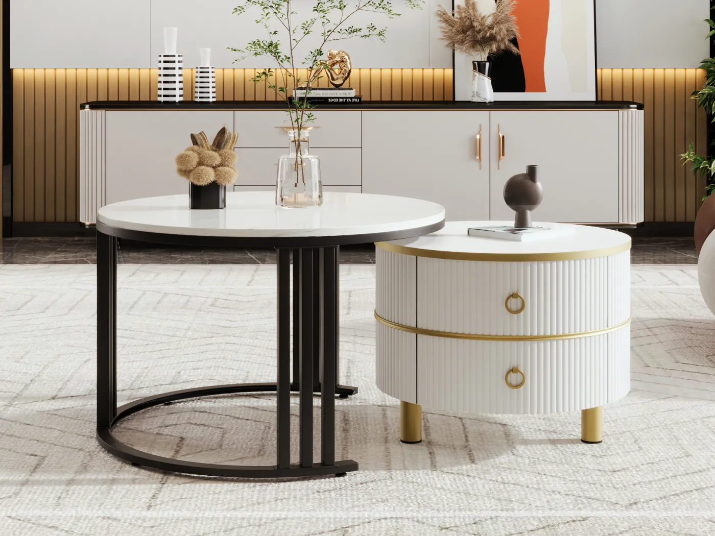 Set mit 2 runden 2-in-1-Couchtischen, Beistelltisch aus MDF – Platte mit Marmormuster – 2 Schubladen – 70 x 70 x 45 + 50 x 50 x 40 cm