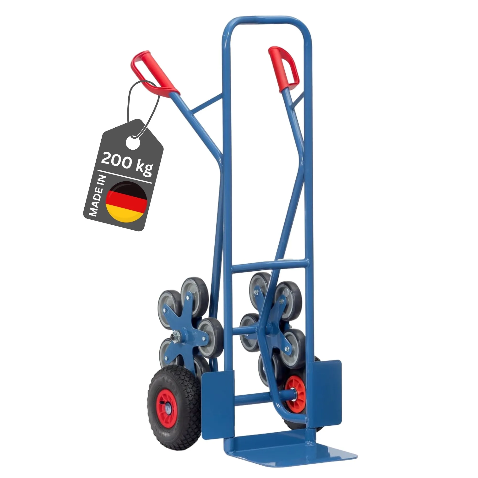 Fetra Treppenkarre mit Standardschaufel, gebogenen Streben, 5-Sterneräder & Luftbereifung | Traglast 200kg | Made in Germany | Blau