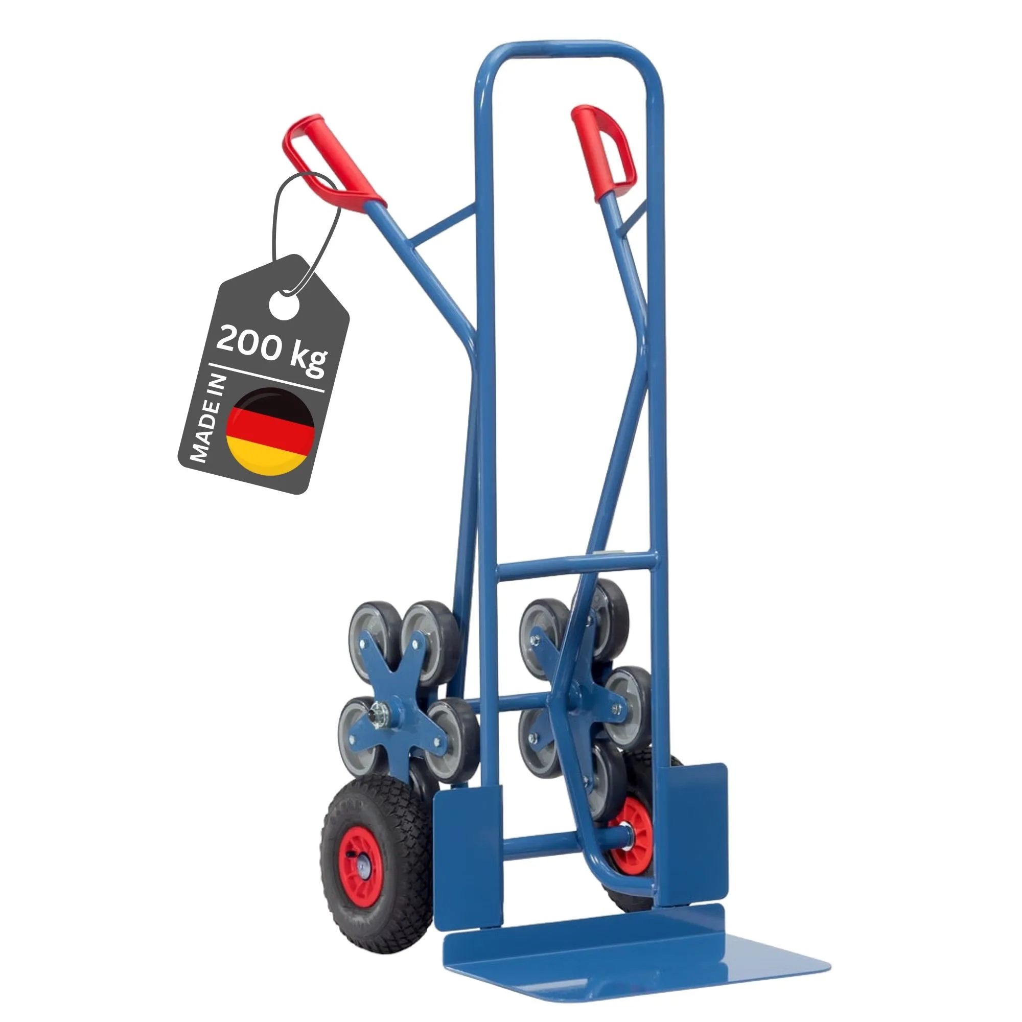 Fetra Treppenkarre mit extra großer Schaufel, gebogenen Streben, 5-Sterneräder & pannensichere PU-Bereifung | Traglast 200kg | Made in Germany | Blau