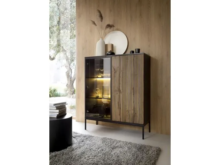 Vitrine - 2-türig mit LED - Schwarz / Wotan Eiche - TOSENA