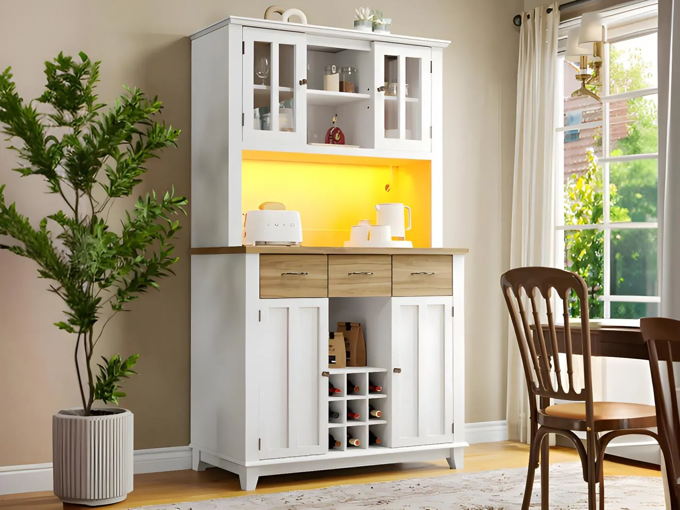 Vitrine, Küchen-Sideboard mit LED – H 180 cm – großer Stauraum – Weiß und Natur