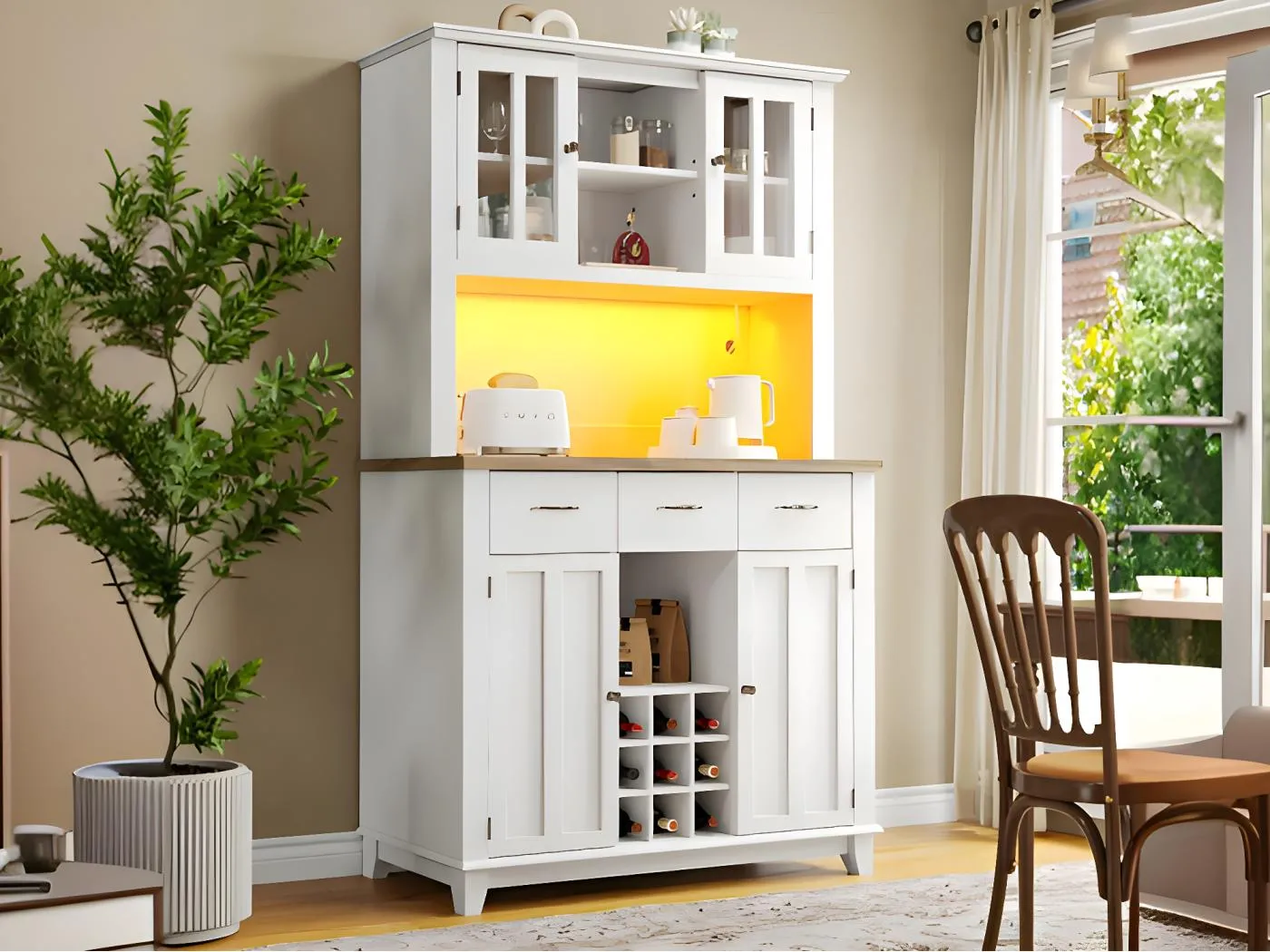 Vitrine、Küchen-Sideboard mit LED – H 180 cm – großer Stauraum – Weiß