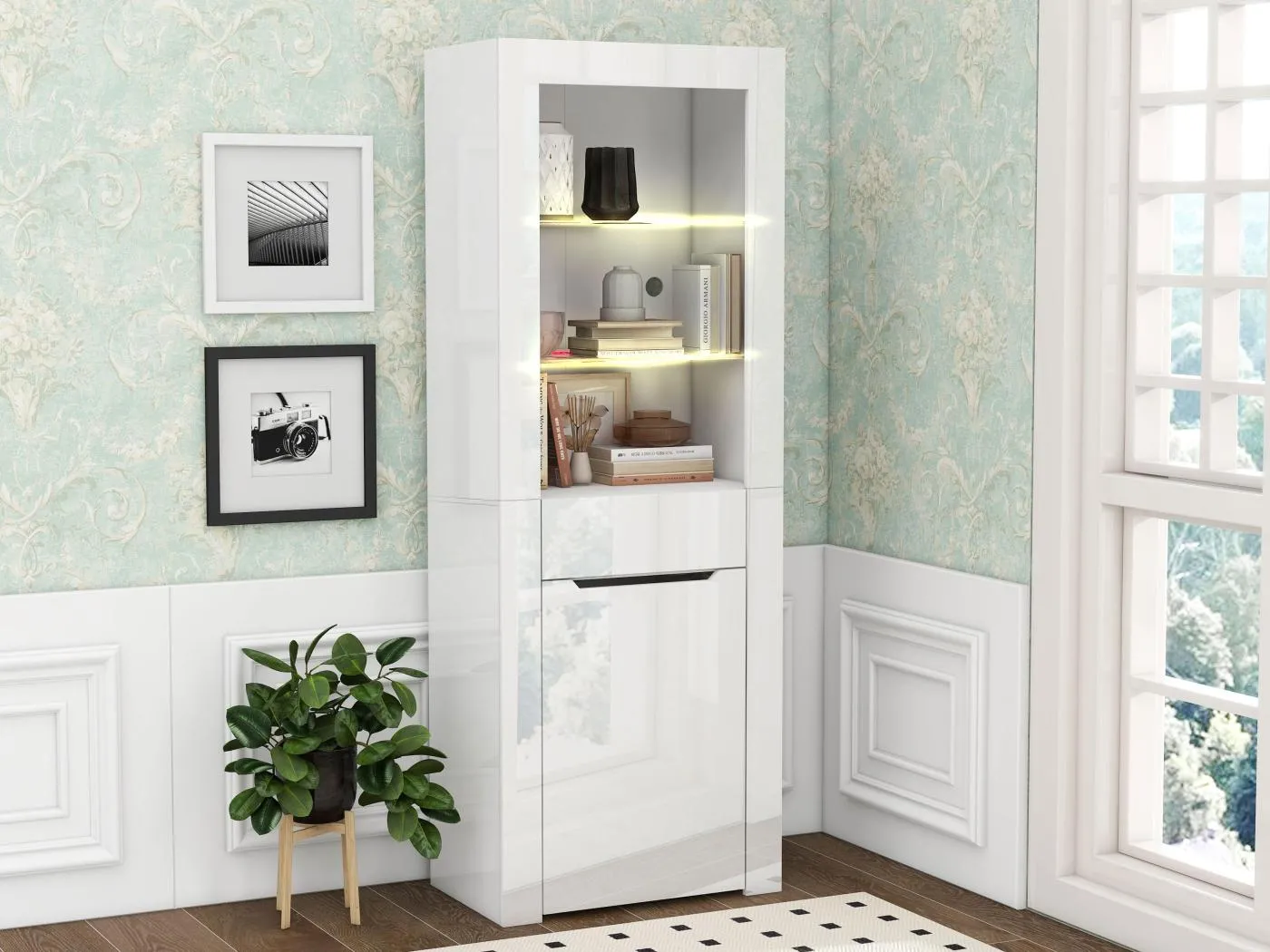 Vitrine mit LED – H 165 cm – großer Stauraum – Weiß