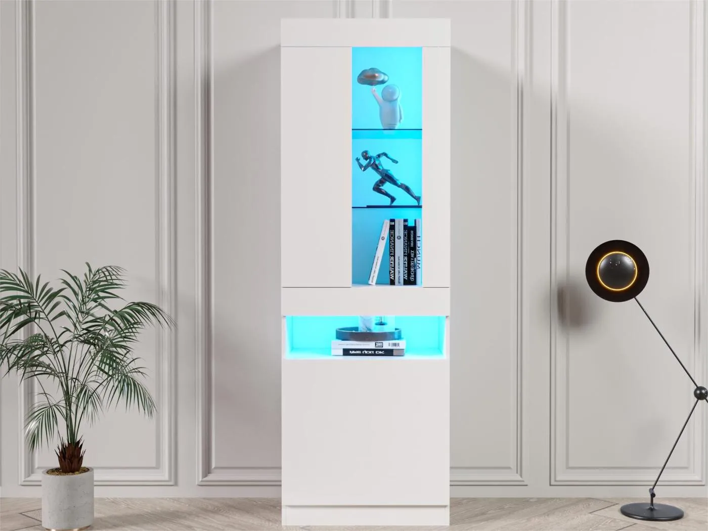 Vertikale LED Vitrine Weiß 180cm - Glasregale - Warme Beleuchtung - Bücheraufbewahrung - PEFC®