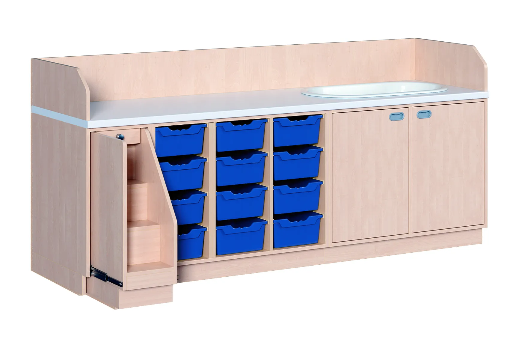 Wickelkommode mit 12 ErgoTray Boxen inkl. Badewanne und Treppe